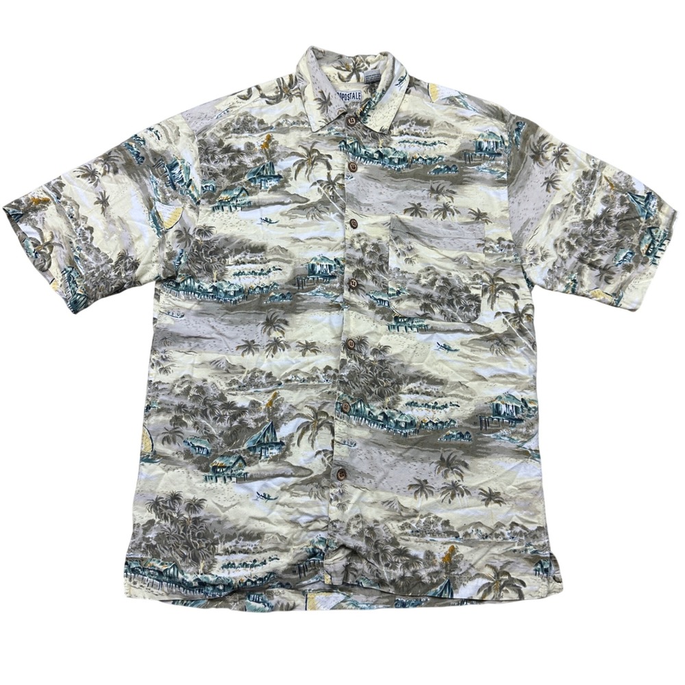 Vintage Aeropostale Hawaiian Shirt Mens Medium Tropical Island Scenic Print Tan